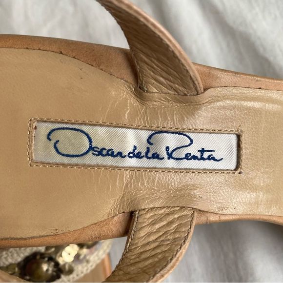 Oscar De La Renta Beaded Linen Sling Back Sandals Kitten Heels - Picture 12 of 14